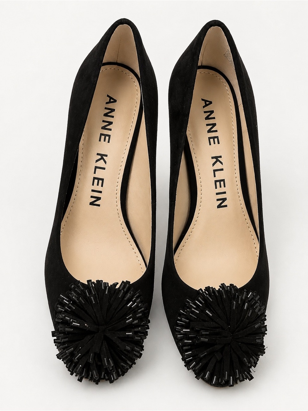 Anne Klein Black Pom Pom Suede Block Heel Pumps-Size 6 - Picture 2 of 8
